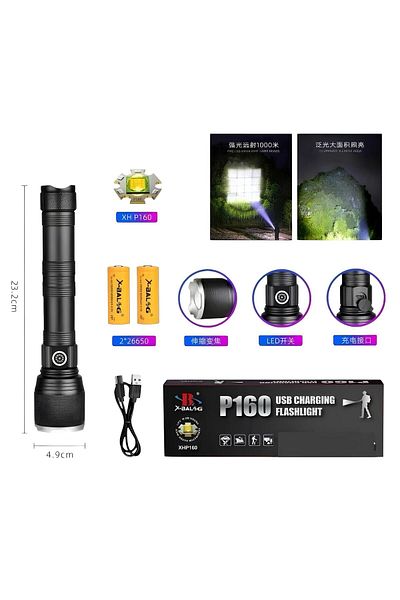 X-BALSG P160 Rechargeable Flashlight with 3 Lighting Modes and 1000 Meter Range, Waterproof with Hanging Lanyard
