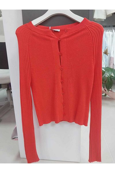 Dilvin 60967 Crew Neck Corded Buttoned Thin Knitwear Cardigan-Red