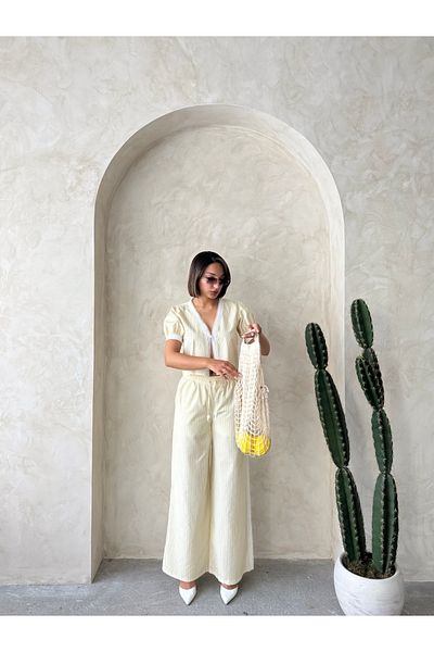Miss Allos Women's Guipure Detailed and Front Tie Striped High Waist Linen Trousers