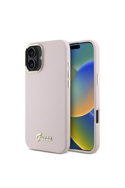 Guess IPhone 16 Case - Guess Silicone Script Metal Logo & Frame (GUHCP16SSMBSLP) - Pink