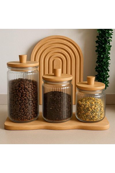 morponi 3-Piece Striped Bamboo Lid Vacuum Jar Set - 800/1300/1800 ML