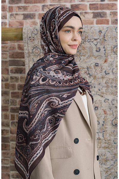 Fatma Atasoy Presya Bitter Brown Ethnic Patterned Shawl