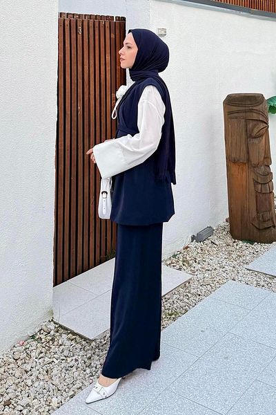 lamelif Slim Belted Vest Suit Navy Blue