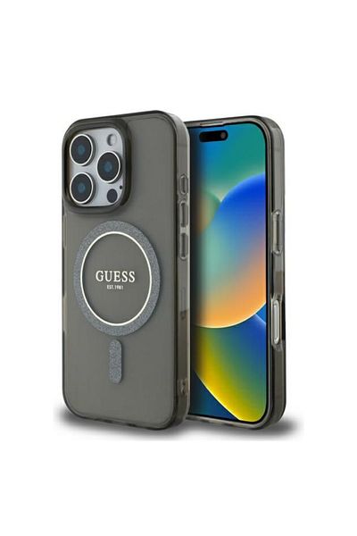 Guess Case for iPhone 16 Pro - Guess IML Glitter Circle MagSafe MagSafe (GUHMP16LHFGEREK) - Black