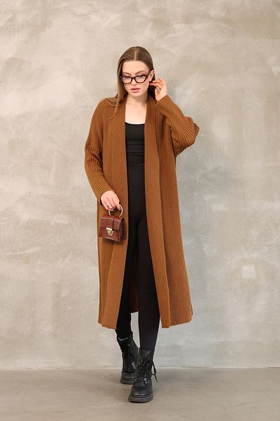 ALCHON V Fold Collar Long Sleeve Ribbed Links Knit Basic Plain Midi Length Loose Wide Fit Winter Knitwear Cardigan