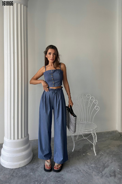 Modayakamoz Kadın Crop Askılı Bluz Şalvar Pantolon İkili Takım