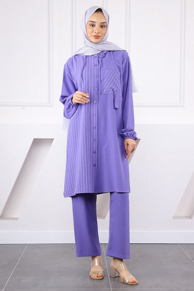 İmajButik Lilac Hooded Striped Tunic Trousers Suit