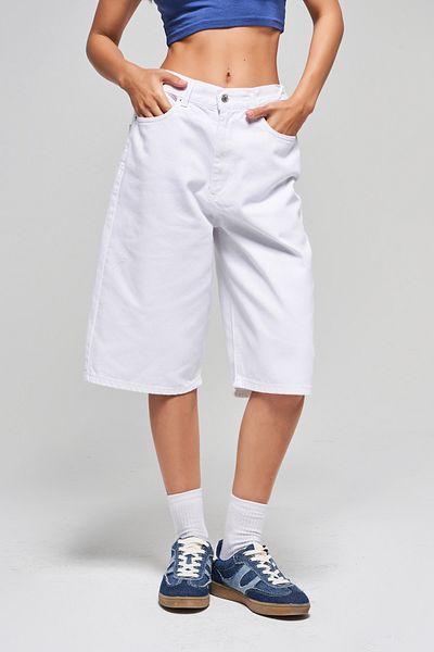 its basic Women's White Color 5S5-2 Maxi Length Elastic Waist 100% Cotton Non-Exposed Denim Bermuda Shorts
