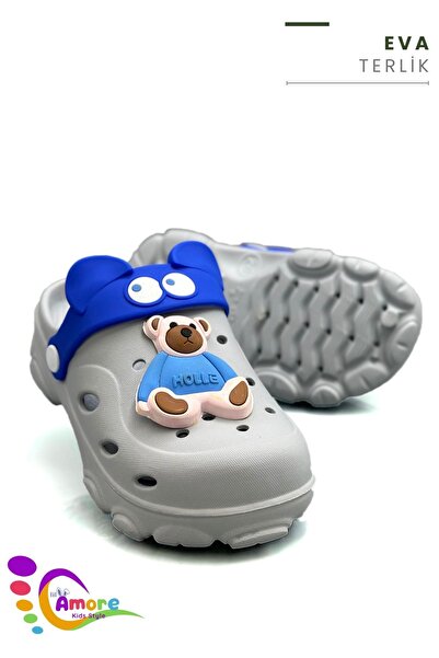 Moda Anna Sermoda Glasses Pattern Teddy Bear Eva Children's Beach Pool Slippers Sabo Slippers Gray Blue