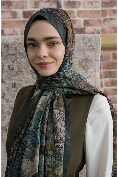 Fatma Atasoy Glorina Khaki Ethnic Patterned Shawl