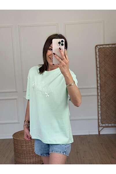 X-Young Detaliu panglică cu broderie textată tricou VERDE APĂ