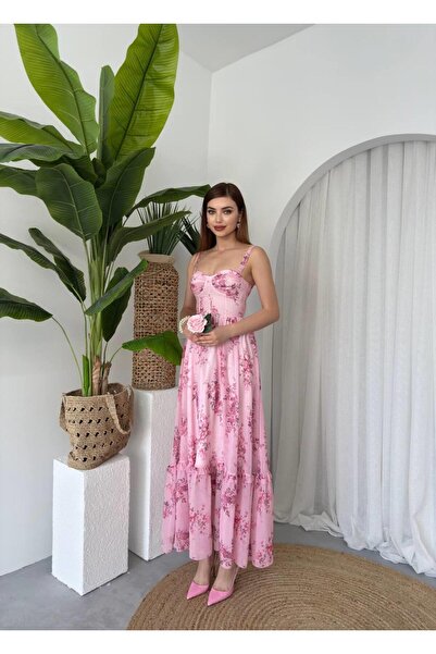 conconmoda Kalın Askılı Çiçekli Pembe Şifon Emily Elbise