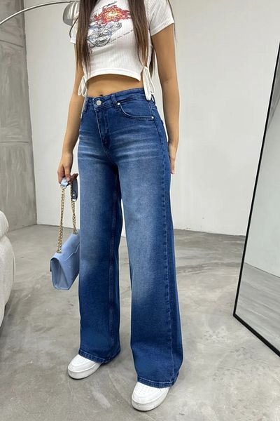 BİKELİFE Women's High Waist Stretchy Palazzo Jeans with Faded Effect