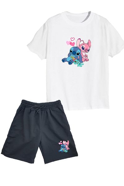makiteks Set of 2 Printed Girls' Cotton Shorts Tshirt Suit Lilo Stitch 5 6 7 8 9 10 11 12 13 14 Years Old T-Shirt