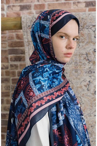 Fatma Atasoy Hibisca Navy Blue Ethnic Patterned Shawl