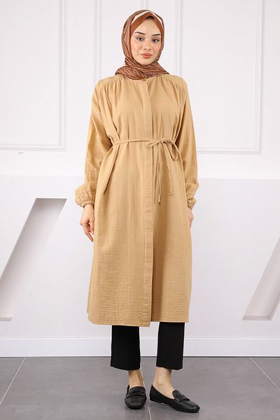 İmajButik Μπισκότο λινό χιτώνα με κορδόνι μέσης