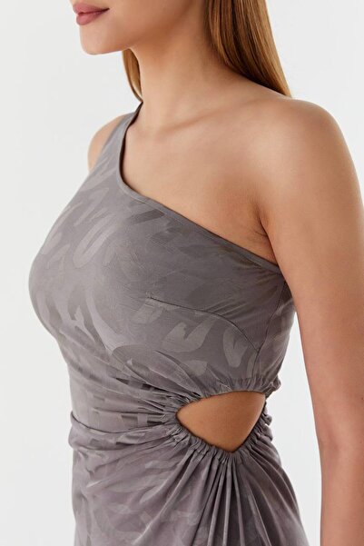 Kinzi Women's One Shoulder Detailed Shiny Patterned Gray Stylish and Style Dress