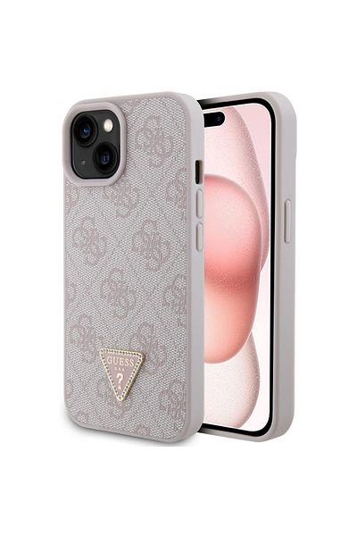 Guess Case for iPhone 15 - Guess Leather 4G Triangle Strass (GUHCP15SP4TDPP) - Pink