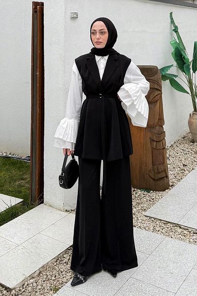 lamelif Slim Belted Vest Suit Black