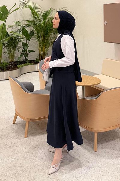 lamelif Δεμένο λεπτομερές κοστούμι Hijab Navy Blue