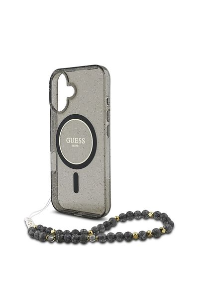 Guess Case for iPhone 16 - Guess IML Glitter with Pearl Strap MagSafe (GUHMP16SHGCRELSK) - Black