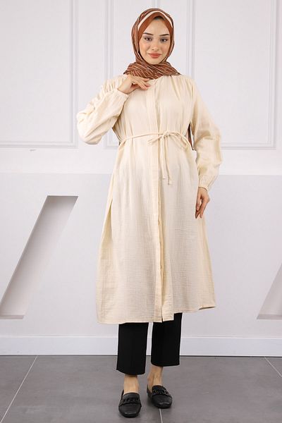 İmajButik Πέτρινο λινό χιτώνα με κορδόνι μέσης