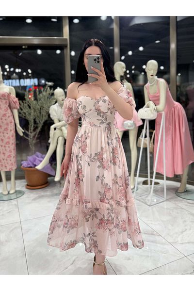 missswans Stella Watermelon Sleeve Floral Patterned Ruffle Detailed Midi Length Chiffon Dress Dusty Pink