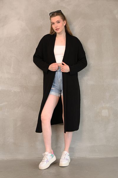 ALCHON V Fold Collar Long Sleeve Ribbed Links Knit Basic Plain Midi Length Loose Wide Fit Winter Knitwear Cardigan