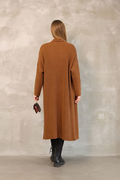 ALCHON V Fold Collar Long Sleeve Ribbed Links Knit Basic Plain Midi Length Loose Wide Fit Winter Knitwear Cardigan