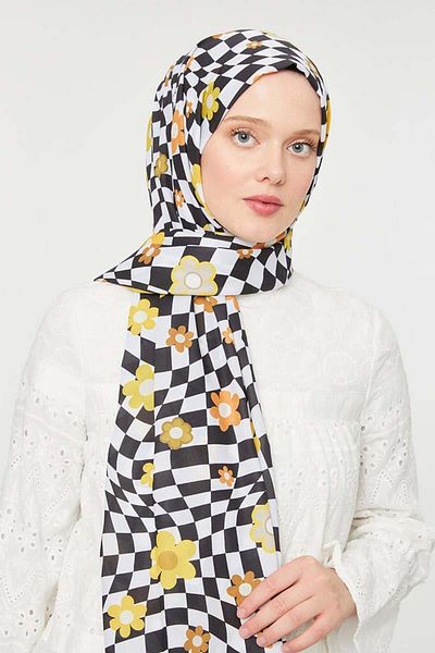 FİVESCARF Μονόχρωμο κρεπ σάλι με μοτίβο λουλουδιών σαφράν