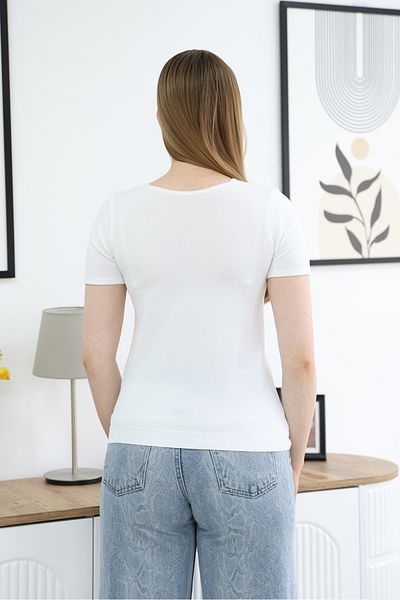 ALCHON Square Neck Short Sleeve Solid Color Plain Short Basic Summer Knitwear Badi Blouse