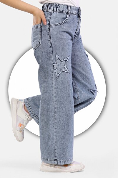 ModiClas % 100 Pamuk-Taş Yıkamalı-Yıldız Nakış Detaylı-Kız Çocuk Kot Palazzo