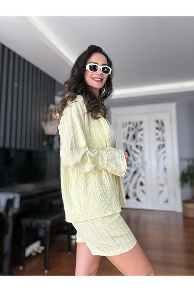 Atelier Derin Yellow Striped Shorts Shirt Set