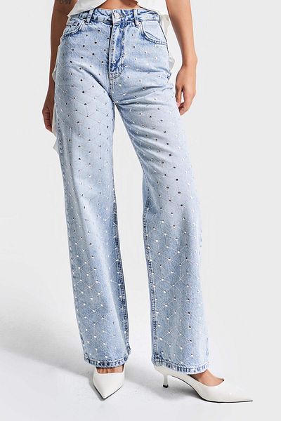 its basic Blugi de damă Culoare 4s5-3 Bright Symmetrical Stone Straight Fit Design cu talie înaltă Blugi din denim