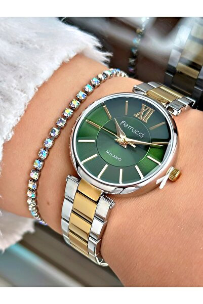 Ferrucci FERRUCCİ BOMBE CAMLI YEŞİL KADRANLI GOLD GÜMÜŞ METAL KADIN KOL SAATİ