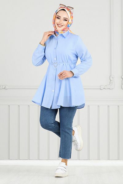 ModaMerve Cămașă cu centură în talie 256ASN936-M Baby Blue
