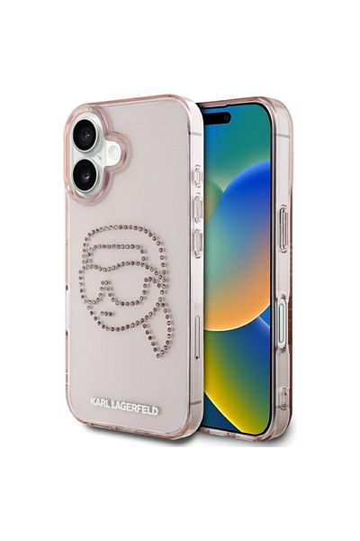 Karl Lagerfeld Case for iPhone 16 - Karl Lagerfeld IML Rhinestones (KLHCP16SHKHDCELP) - Pink Karl Head