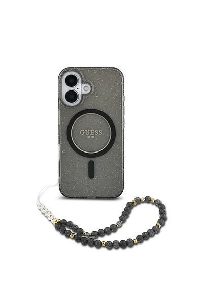 Guess Case for iPhone 16 - Guess IML Glitter with Pearl Strap MagSafe (GUHMP16SHGCRELSK) - Black