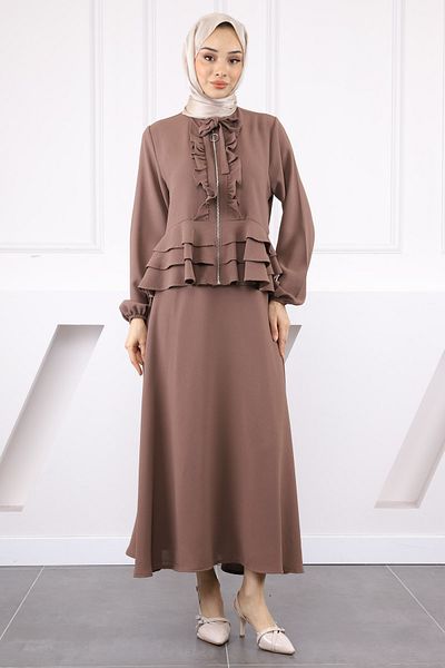 İmajButik Σετ κρεπ μπουφάν με φερμουάρ Mink με φούστες