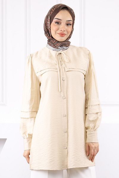 İmajButik Μπεζ γιακά λεπτομερή τουνίκ