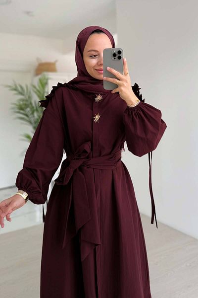 Ka Hijab Burgundy Long Belted Wrap Dress