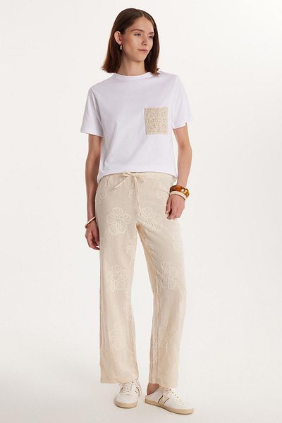 Tudors Women's Relax Fit Relaxed Cut Waist Tie Embroidered Beige Trousers