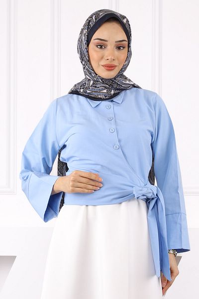 İmajButik Baby Blue πουκάμισο με γραβάτα στη μέση