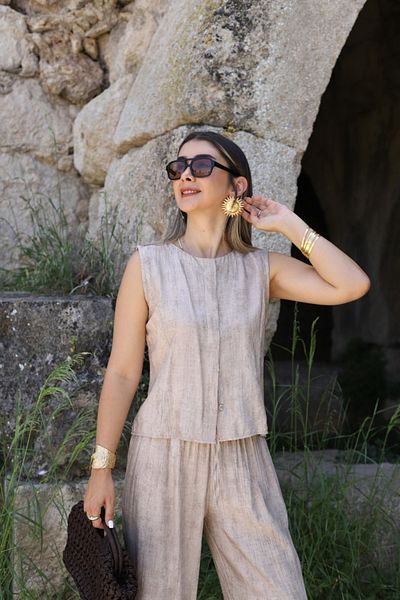 bytugcekaya Beige Crinkle Fabric Buttoned Blouse Pants Set