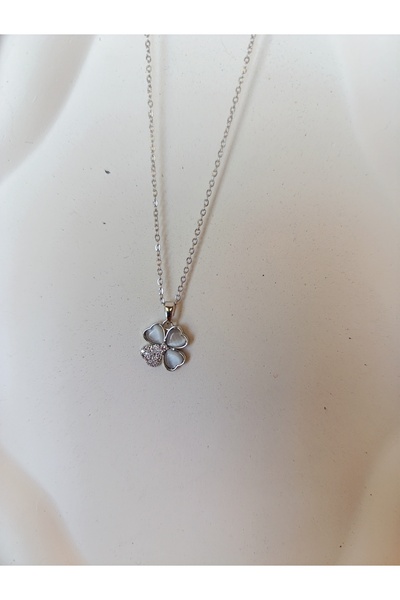 karan jewel Steel Clover Necklace Silver with a Leaf Zircon Stone