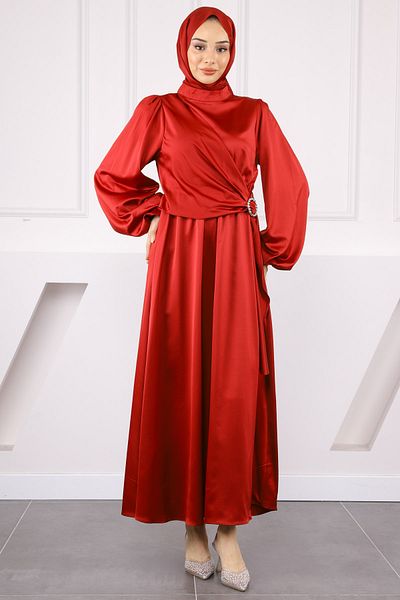İmajButik Βραδινό φόρεμα με μπορντό πλαϊνή αγκράφα με σατέν