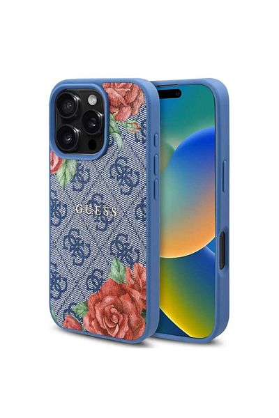 Guess Husă pentru iPhone 16 Pro - Guess Hardcase 4G cu imprimeu floral MagSafe (GUHMP16LP4ROPEMCB) - Albastră