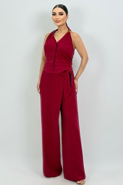 FEVER Beli yandan kuşaklı keten pantolon