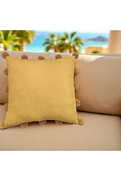 MS Store غطاء وسادة أصفر مع كرات كبيرة مقاس 45 × 45 سم غطاء وسادة قطعة واحدة