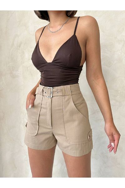 Bleu Petite Pantaloni scurți de damă din Gabardină cu talie înaltă